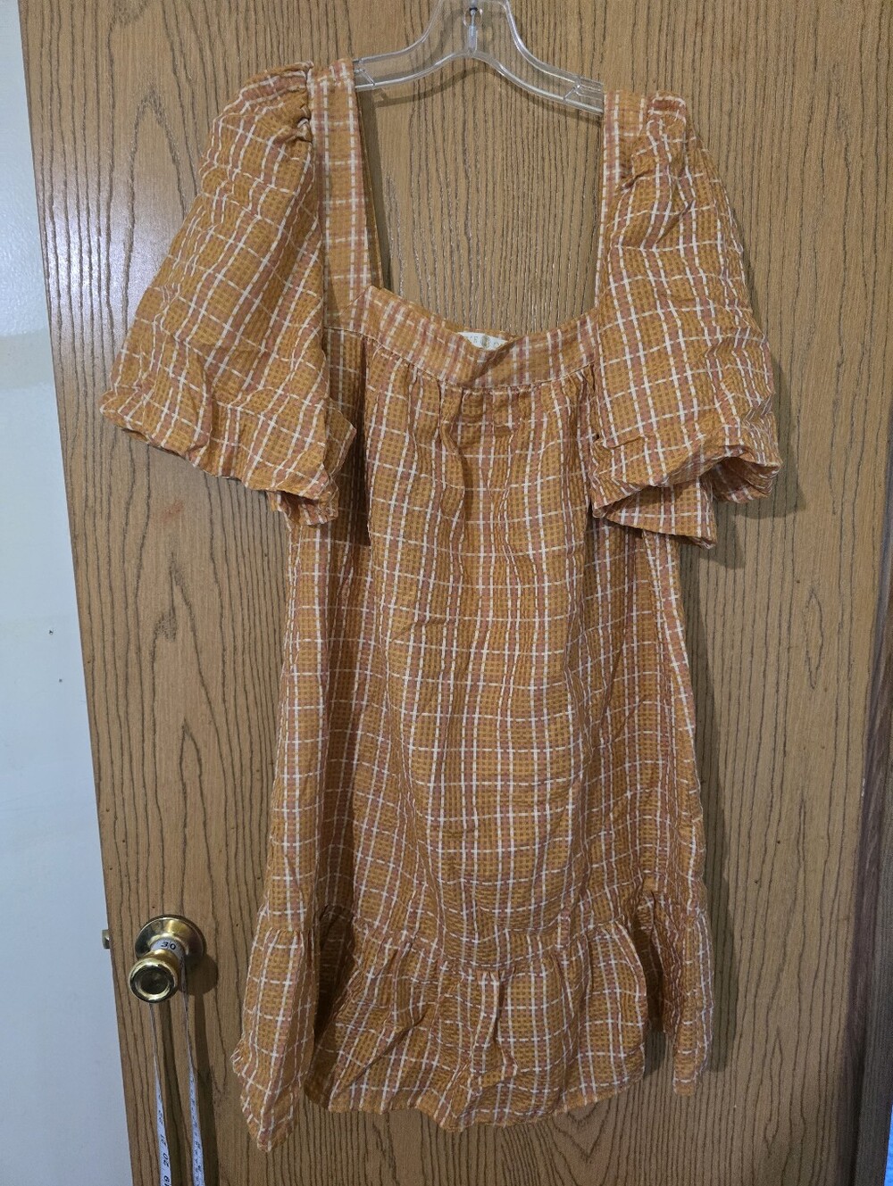 Nwt. Marie Oliver Women's Square Neck Puff Sleeve Dress in Mustard Plaid - Picture 3 of 6